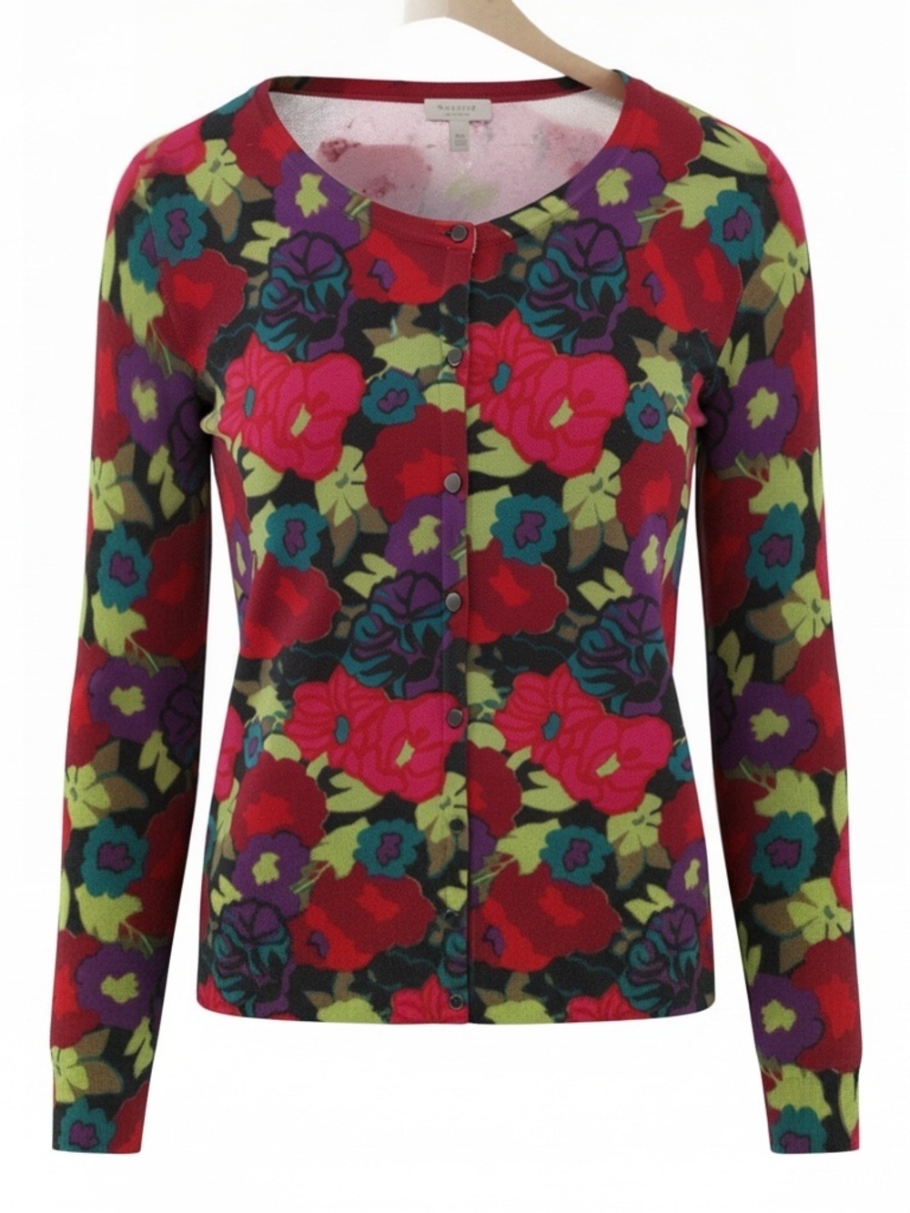 Talbots Black Floral Cardigan with Red, Purple and Lime Accents